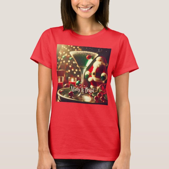 Retro 50s Santa Christmas Green Martini T-Shirt (Front)