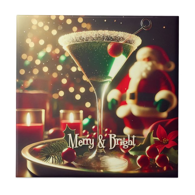 Retro 50s Santa Christmas Green Martini Tile (Front)