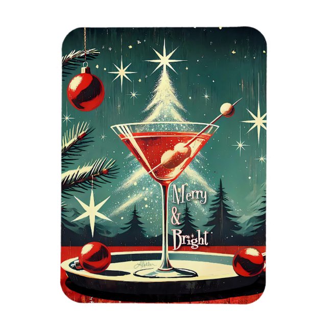 Retro 50s Snow Flurry Christmas Tree Martini Magnet (Vertical)