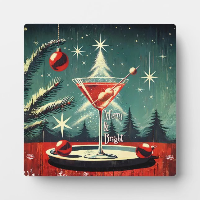 Retro 50s Snow Flurry Christmas Tree Martini Plaque (Front)