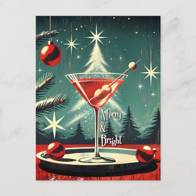 Retro 50s Snow Flurry Christmas Tree Martini Postcard (Front)
