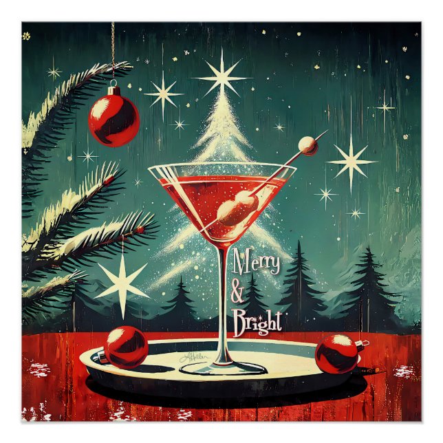 Retro 50s Snow Flurry Christmas Tree Martini Poster (Front)