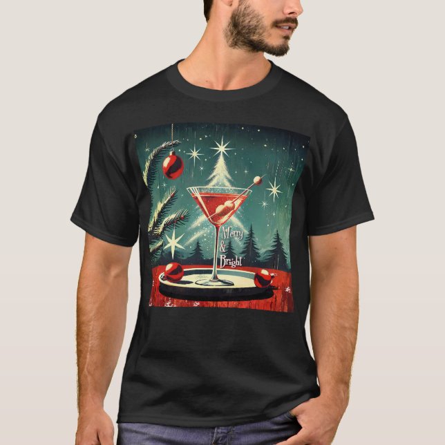Retro 50s Snow Flurry Christmas Tree Martini T-Shirt (Front)