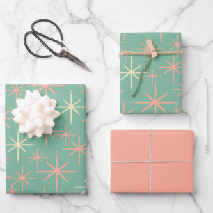 Retro 50s Starbursts in Mint and Blush Wrapping Paper Sheet