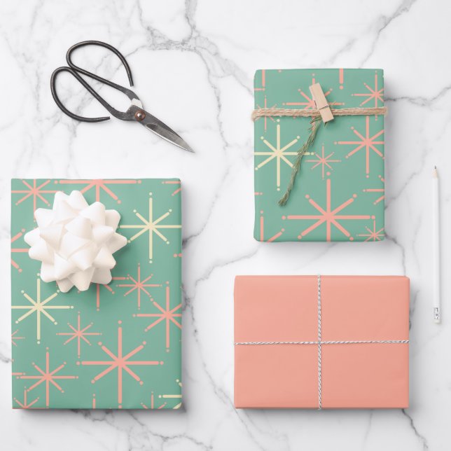 Retro 50s Starbursts in Mint and Blush Wrapping Paper Sheet (Front)
