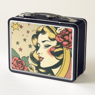 Retro 50s Style Crescent Moon Lady Metal Lunch Box