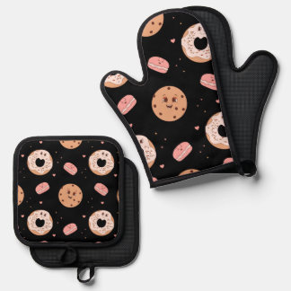 Retro 50s Style Dessert Characters Pattern Oven Mitt & Pot Holder Set