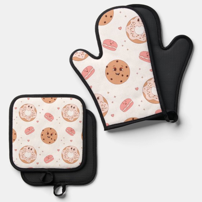 Retro 50s Style Dessert Characters Pattern Oven Mitt & Pot Holder Set (Front/Back)