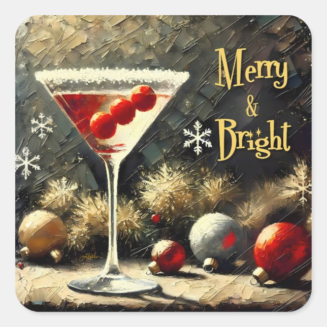 Retro 50s Triple Cranberry Christmas Martini Square Sticker (Front)
