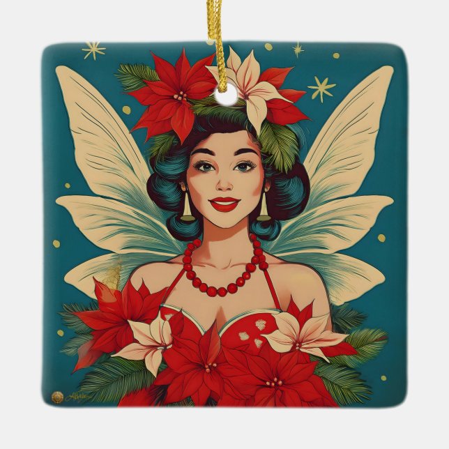 Retro 50s Tropical Christmas Pin-Up Beauty Queen Ceramic Ornament (Front)