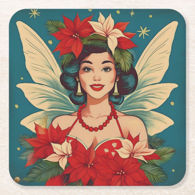 Retro 50s Tropical Christmas Pin-Up Beauty Queen Square Paper Coaster (Front)
