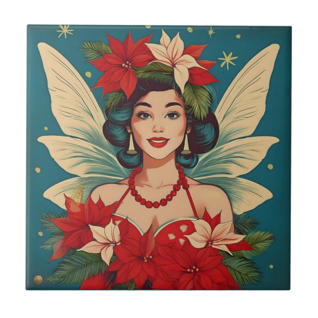 Retro 50s Tropical Christmas Pin-Up Beauty Queen Tile (Front)