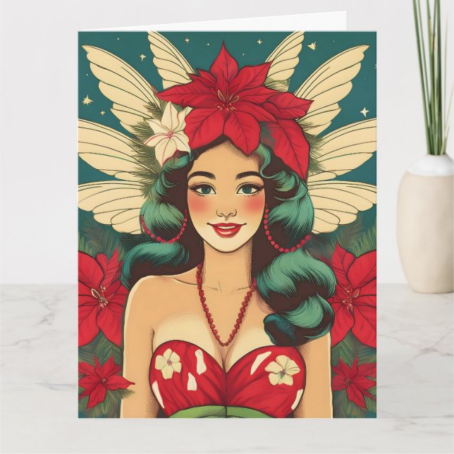 Retro 50s Tropical Christmas Pin-Up Girl Card (Front)