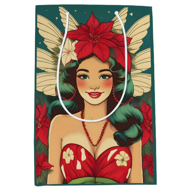 Retro 50s Tropical Christmas Pin-Up Girl Medium Gift Bag (Front)