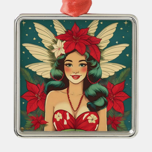 Retro 50s Tropical Christmas Pin-Up Girl Metal Tree Decoration (Front)