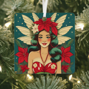 Retro 50s Tropical Christmas Pin-Up Girl Metal Tree Decoration