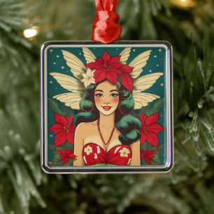 Retro 50s Tropical Christmas Pin-Up Girl Metal Tree Decoration