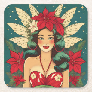 Retro 50s Tropical Christmas Pin-Up Girl Square Paper Coaster