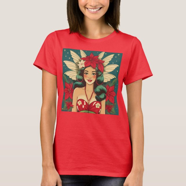 Retro 50s Tropical Christmas Pin-Up Girl T-Shirt (Front)