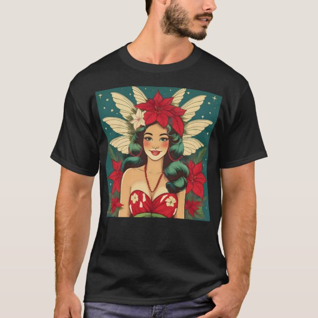 Retro 50s Tropical Christmas Pin-Up Girl T-Shirt (Front)