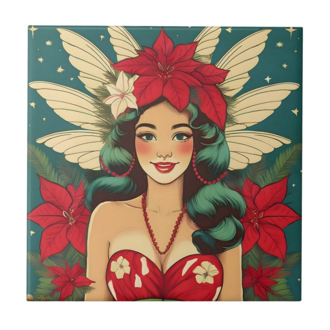 Retro 50s Tropical Christmas Pin-Up Girl Tile (Front)