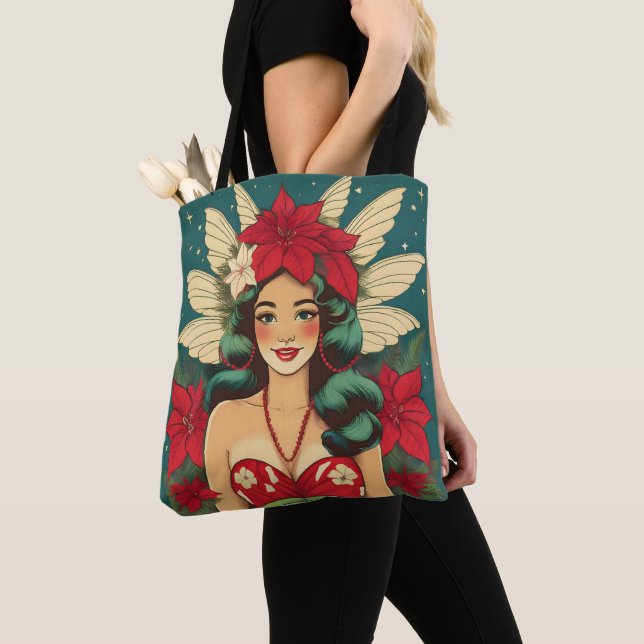 Retro 50s Tropical Christmas Pin-Up Girl Tote Bag (Close Up)