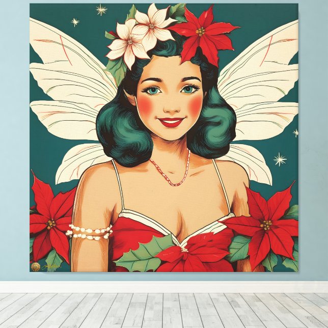 Retro 50s Tropical Christmas Pin-Up Starlet Canvas Print (Insitu(Wood Floor))