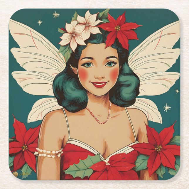 Retro 50s Tropical Christmas Pin-Up Starlet Square Paper Coaster (Front)