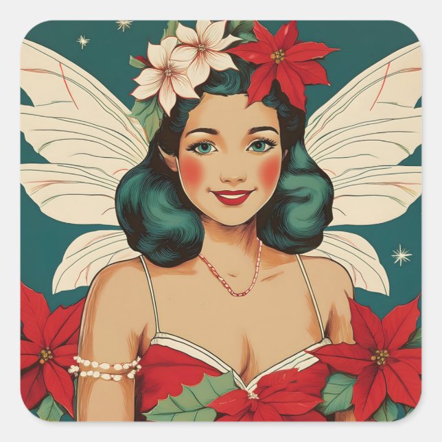 Retro 50s Tropical Christmas Pin-Up Starlet Square Sticker (Front)