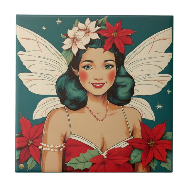 Retro 50s Tropical Christmas Pin-Up Starlet Tile (Front)