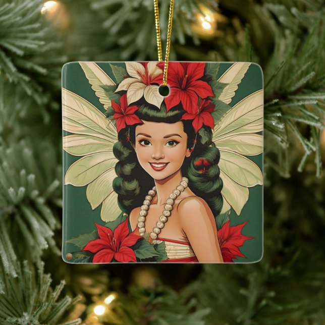 Retro 50s Tropical Christmas Princess Ceramic Ornament (Tree)