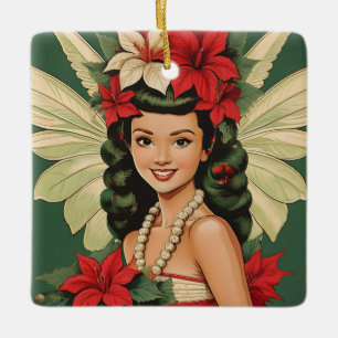 Retro 50s Tropical Christmas Princess Ceramic Ornament