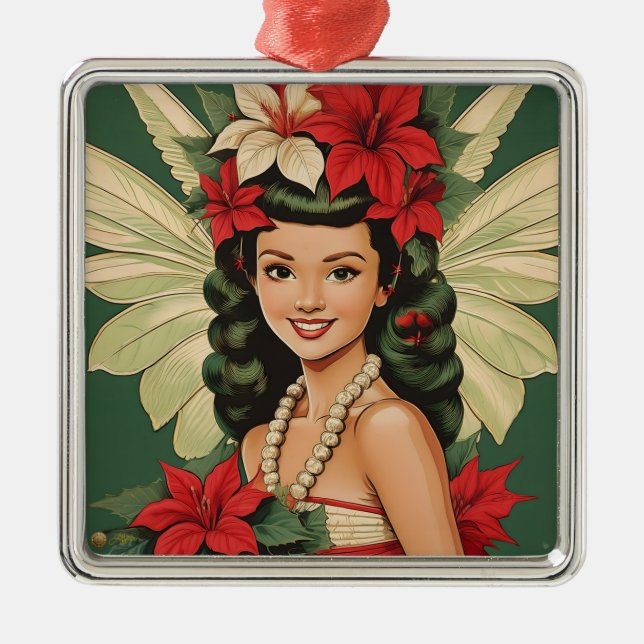 Retro 50s Tropical Christmas Princess Metal Tree Decoration (Front)