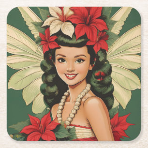 Retro 50s Tropical Christmas Princess Square Paper Coaster