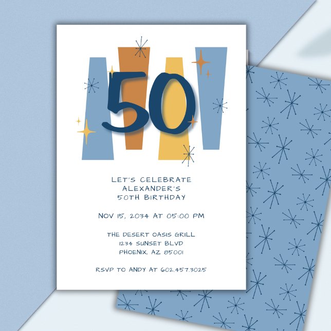 Retro 50th Birthday Midcentury Modern Blue Invitation (Creator Uploaded)