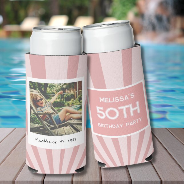 Retro 50th Birthday Pink Stripe Can Cooler (Creator Uploaded)
