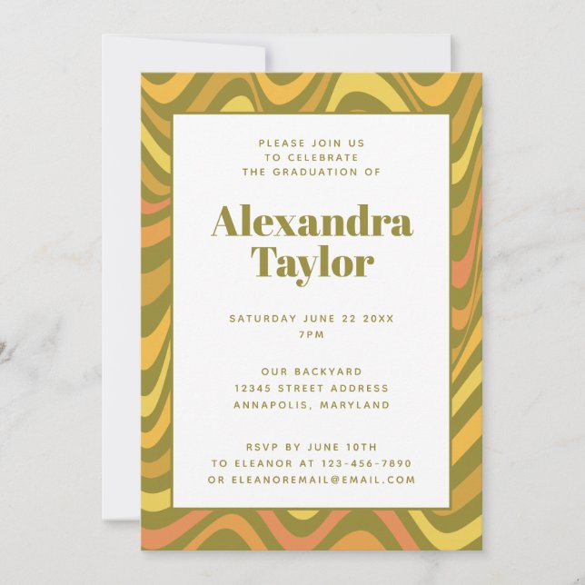 Retro 60s 70s Abstract Groovy Green Graduation  Invitation (Front)
