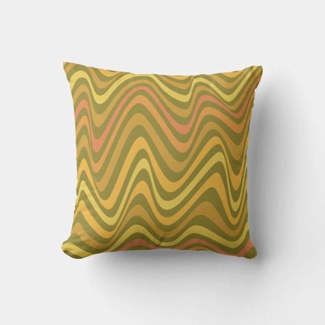 Retro 60s 70s Abstract Lines Pattern Green Yellow Cushion (Front)