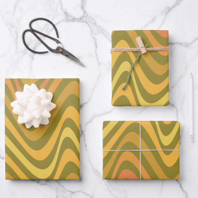 Retro 60s 70s Abstract Lines Pattern Green Yellow  Wrapping Paper Sheet (Front)