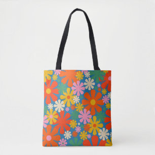 Retro 60s 70s Aesthetic Colorful Floral Pattern Tote Bag