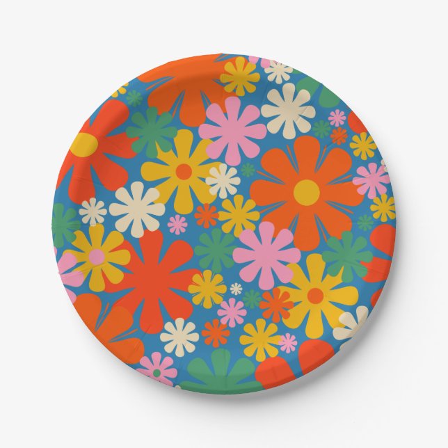 Retro 60s 70s Aesthetic Colourful Floral Pattern Paper Plate (Front)