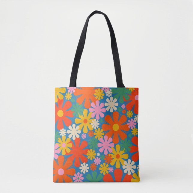 Retro 60s 70s Aesthetic Colourful Floral Pattern Tote Bag (Front)
