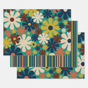 Retro 60s 70s Aesthetic Floral and Stripe Patterns Wrapping Paper Sheet