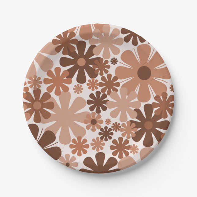 Retro 60s 70s Aesthetic Floral Pattern in Brown Paper Plate (Front)