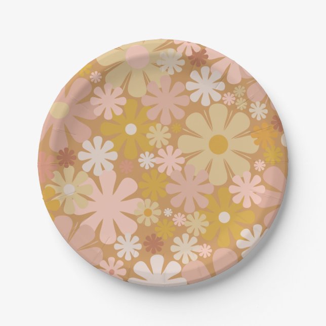 Retro 60s 70s Aesthetic Floral Pattern Paper Plate (Front)