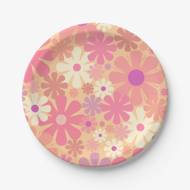 Retro 60s 70s Aesthetic Floral Pattern Paper Plate (Front)