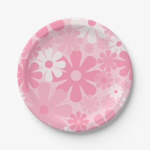 Retro 60s 70s Aesthetic Floral Pattern Pink Paper Plate