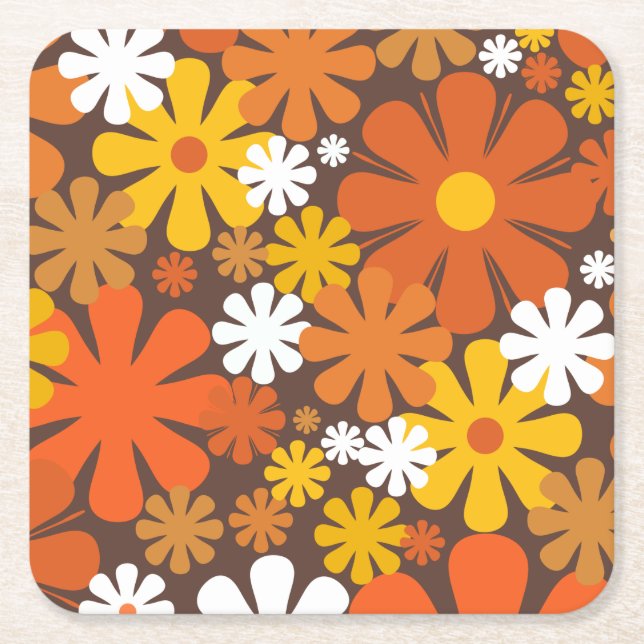 Retro 60s 70s Aesthetic Floral Pattern Square Pape Paper Coaster (Front)