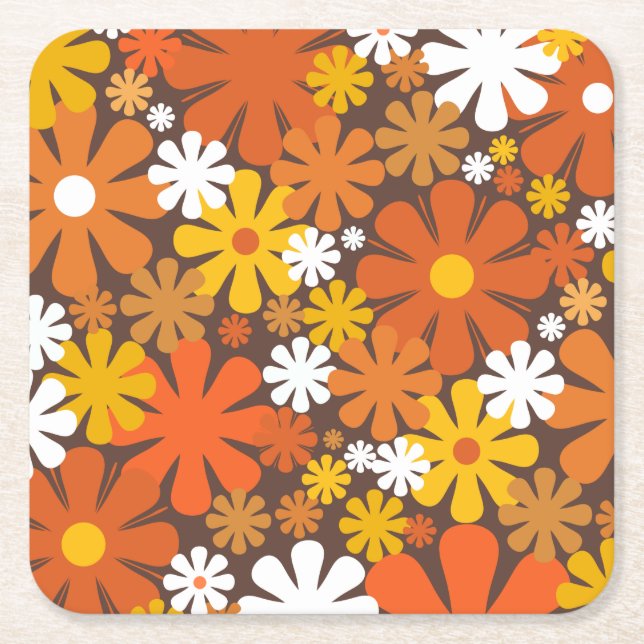 Retro 60s 70s Aesthetic Floral Pattern Square Paper Coaster (Front)