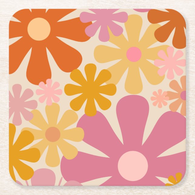 Retro 60s 70s Aesthetic Floral Pattern Square Paper Coaster (Front)